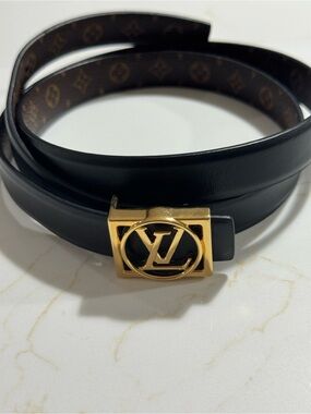 Louis Vuitton Black Leather Belt with Gold LV Signature Buckle